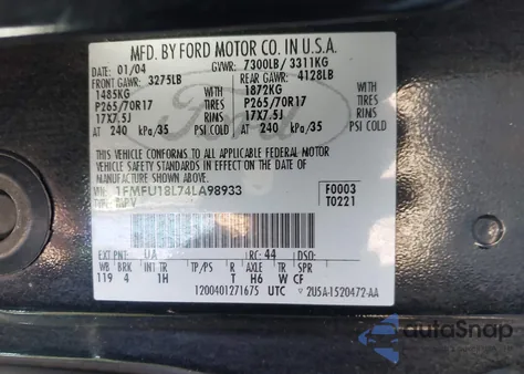 2004 Ford Expedition Eddie Bauer from USA, damaged, VIN 1FMFU18L74LA98933